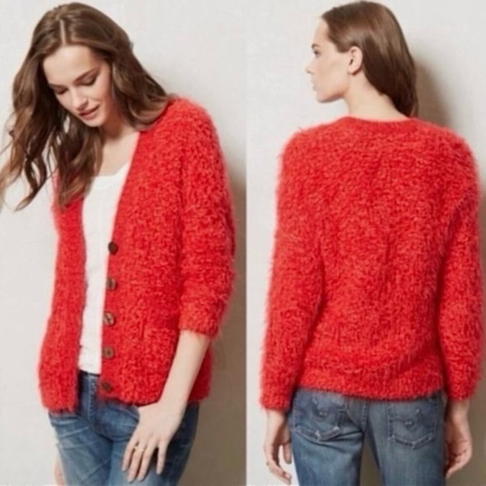 Moth Anthropologie Emile Wool Blend Fuzzy Red Textured Women's Cardigan, Size XL